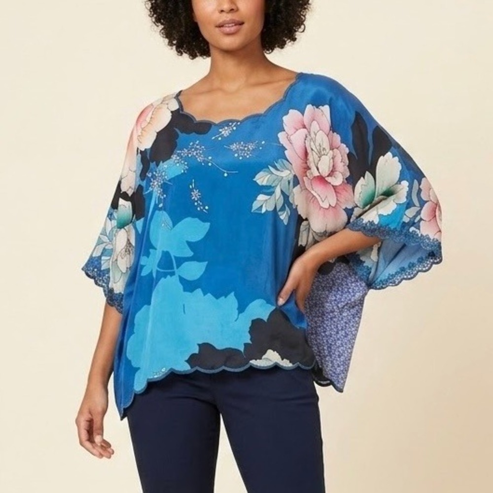 Johnny Was Top Cupra Rayon Blue Floral Scalloped Kimono Sleeve Small